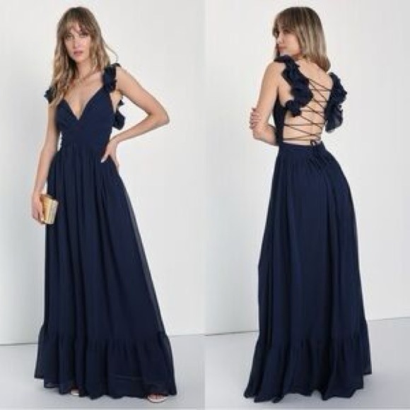 Lulus Soiree Celebration Navy Blue Ruffled Lace-Up Maxi‎ Dress Size Medium - Picture 1 of 6